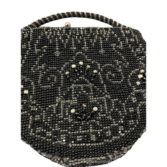 Vintage Black Beaded Evening Purse Tan/Silver Rhinestone Accents Tiny Used - Picture 4 of 12